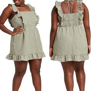 Wild Fable Women's Plaid Sleeveless Ruffle Apron Front Short Dress | Green XXL